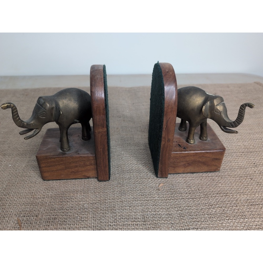 Vintage Solid Brass Elephant Wooden Bookends 6" Trunks Up Good Luck India Made
